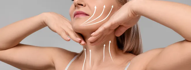 Middle-aged woman lifting chin with graphic arrows illustrating skin tightening from a neck lift procedure