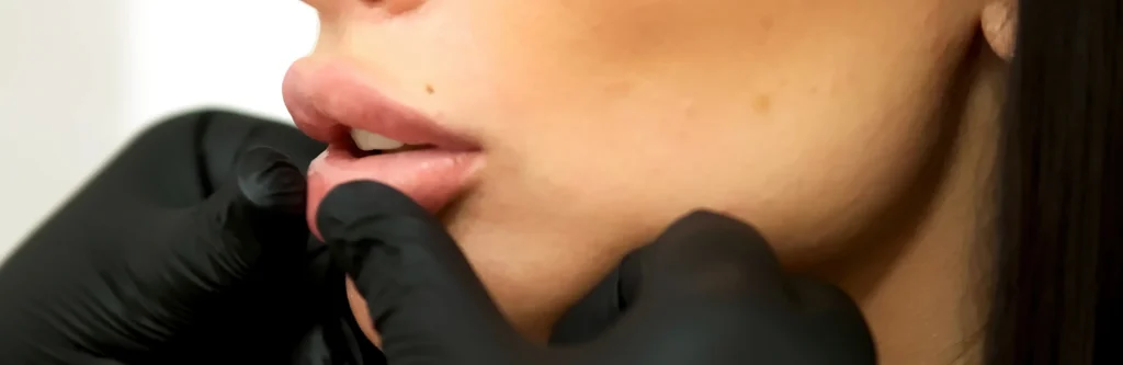 Close-up of a surgeon assessing lip and philtrum proportions before a Baltimore lip lift procedure