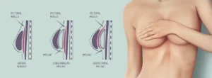Diagram comparing over the muscle and under the muscle breast implant placement
